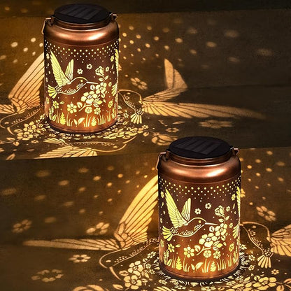 2 Packs Hummingbird Solar Lanterns Outdoor Waterproof, Birthday Gifts for Women, Mom, Hummingbird Gardening Gifts, Hanging Decorative Solar Lanterns for Patio/Yard/Garden Decor