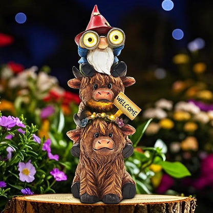 Christmas Garden Gnomes Outdoor Statue: 11'' Highland Cow Decor with Welcome Sign Funny Triple Yard Decorations with Solar Light Unique Birthday Gifts for Women Mother Grandma