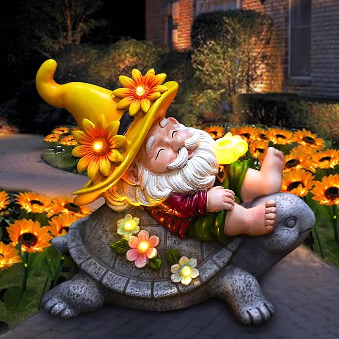 Christmas Garden Gnomes Outdoor Decor: Funny Sunflower Gnome Sitting on Turtle with Solar Lights Outside Decoration for Lawn Yard Patio Garden Gifts for Women
