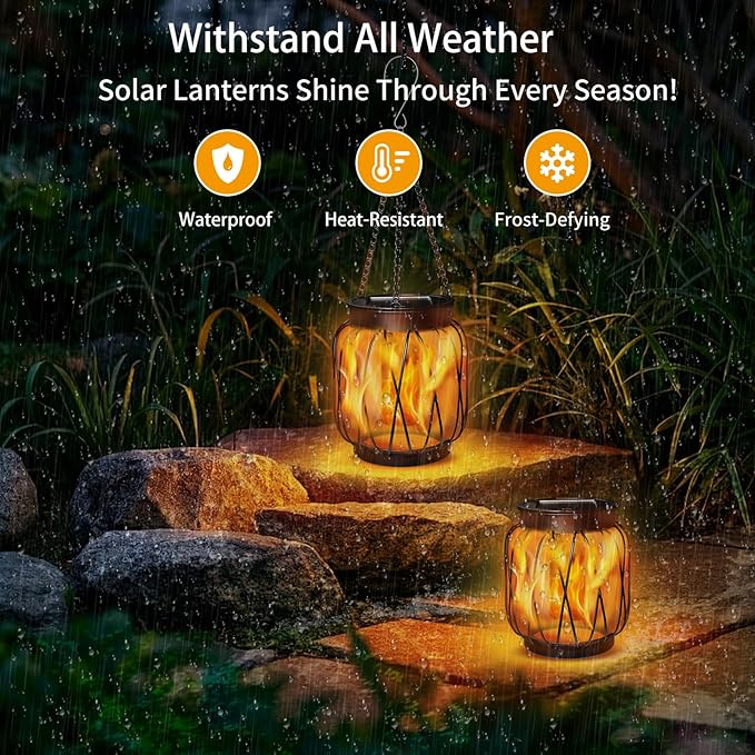 Solar Hanging Lantern Lights Outdoor Waterproof, 4 Pack Solar Flame Lantern with Hook, Metal Hanging Lanterns for Outside, Led Porch Lanterns for Patio Tree Camping Garden Decorative Lights