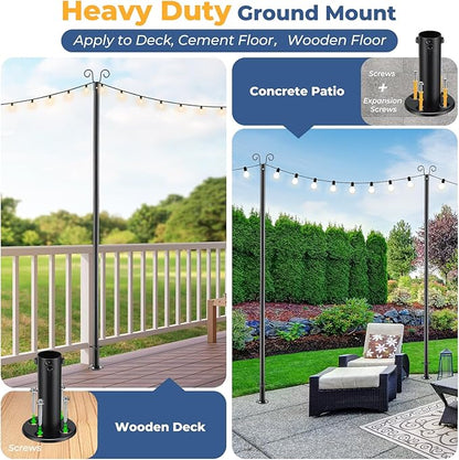 Heavy Duty Adjustable Light Pole for String Lights 1 Pack- 38mm Rust-Proof Metal Post with Deck & Fence Mount - Garden, Patio, Party Decor 10 FT