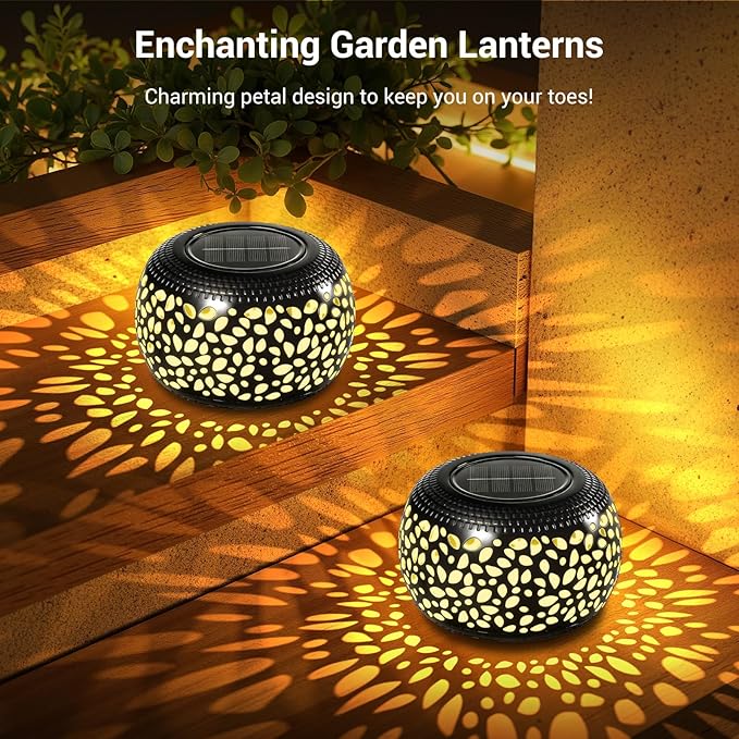 2 Pack Solar Lanterns Outdoor Waterproof Lights, Black Hollow Out Metal Table Light, Unique Gardening Gifts for Women Mom, Outside Garden Yard Balcony Indoor Tabletop Decorations, 2 Modes