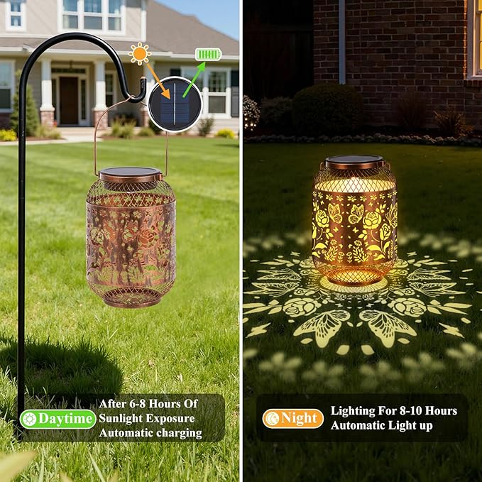 Vaukki Solar Lantern Outdoor Waterproof, Butterfly Garden Decor Birthday Gifts for Women Friendship Mom Grandma Sister, Metal Hanging Solar Lights for Outside, Patio, Yard, Backyard, Porch, Pathway