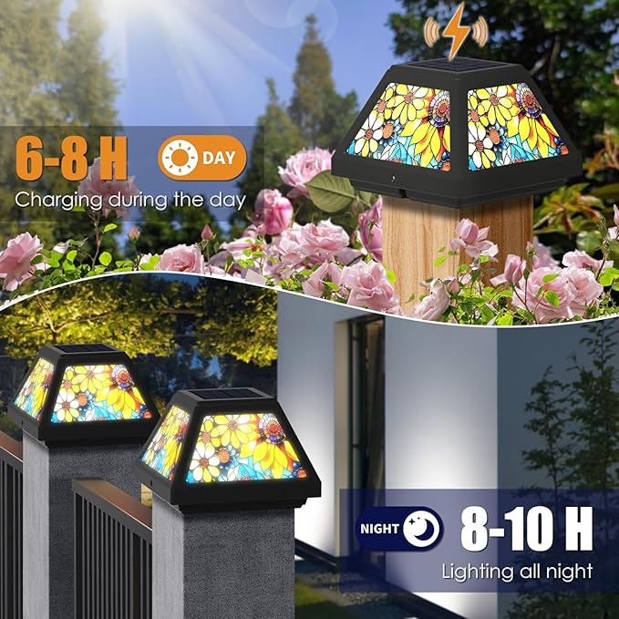 Solar Post Cap Lights - 4x4, 5x5, 6x6 Fence Post Solar Lights, Sunflower Lampshade, 15LM Bright LED, IP65 Waterproof Outdoor Post Lights for Garden, Yard, Deck, Warm White (Sunflower, 4)