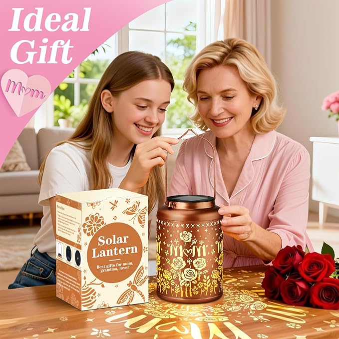 Birthday Gifts for Women Mom Grandma Solar Lantern Outdoor Waterproof, Gardening Gifts for Women, Mom Christmas Rose Garden Decor Hanging Solar Lights Yard Decorations Outdoor, Backyard, Patio