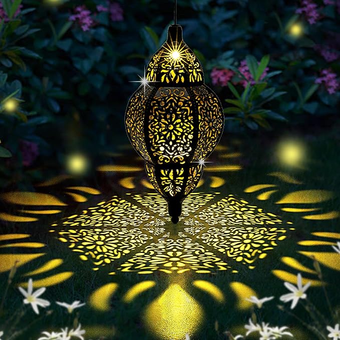 Hanging Solar Lantern Outdoor Decor, Moroccan Solar Lights for Outside Garden Decorations, Waterproof Solar Lanterns Garden Gifts for Mom, Women, Patio, Yard Ornament (Black)