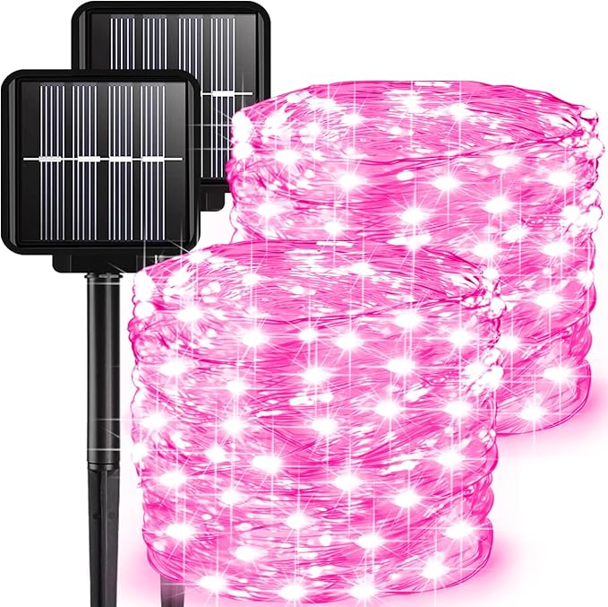 2 Pack Solar Fairy Lights Outdoor, 33 Feet 100 LEDs 8 Modes String Lights for Outside, Waterproof Solar Outdoor Light for Patio Yard Christmas Tree Halloween Wedding Party Decorations, Pink