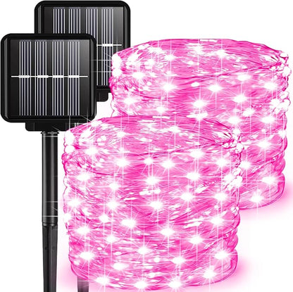 2 Pack Solar Fairy Lights Outdoor, 33 Feet 100 LEDs 8 Modes String Lights for Outside, Waterproof Solar Outdoor Light for Patio Yard Christmas Tree Halloween Wedding Party Decorations, Pink