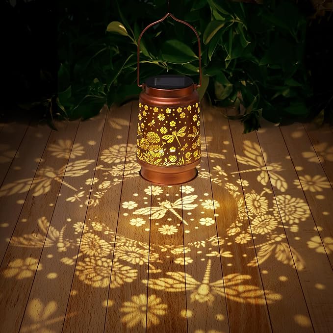 2 Pack Dragonfly Solar Lanterns Outdoor Waterproof Daisy Garden Decor Birthday Gifts for Women Mom Grandma Hanging Solar Lights Metal Lantern Decoration Outside for Porch,Patio,Yard,Backyard