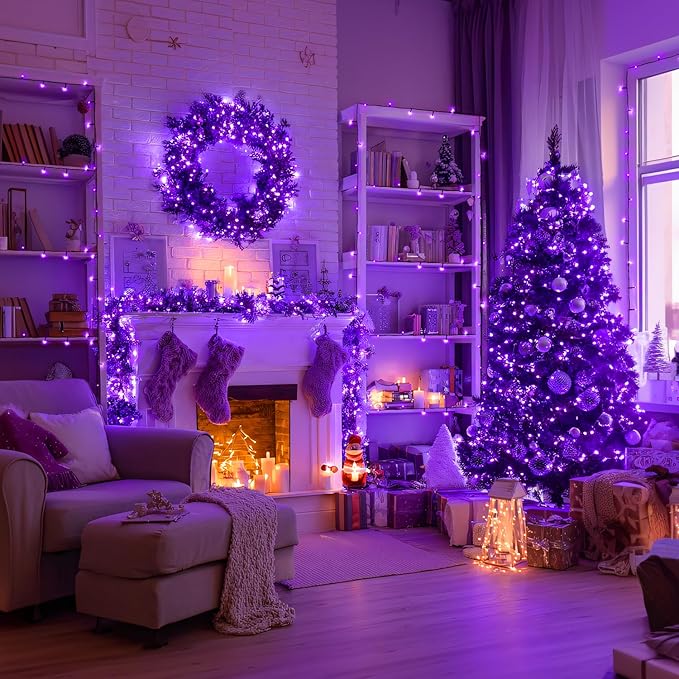 JMEXSUSS Purple Christmas Lights Battery Operated, 2 Pack 100 LED Outdoor Purple String Lights Waterproof, Each 33 FT Christmas Tree Light Indoor for Halloween Decorations Party Porch Garden Decor