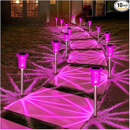 DenicMic Solar Lights Outdoor 10 Pack Waterproof Pink LED Stainless Steel Stake Outside Lights for Yard Pathway Garden Driveway Walkway Landscape Path Lighting Mothers Day Gifts for Mom