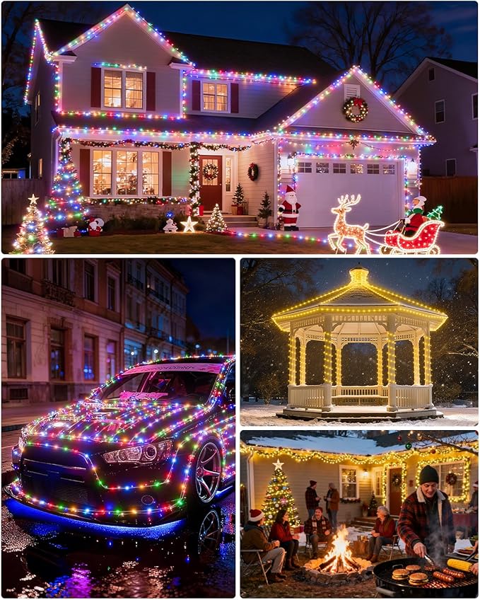 ICRGB Solar Rope Lights Outdoor, 66Ft 200LED 1800mAh Christmas String Lights with Remote, Type C, 19 Modes & Timer, IP67 Waterproof, Solar Light for Tree Patio Porch, Warm White to Multicolor