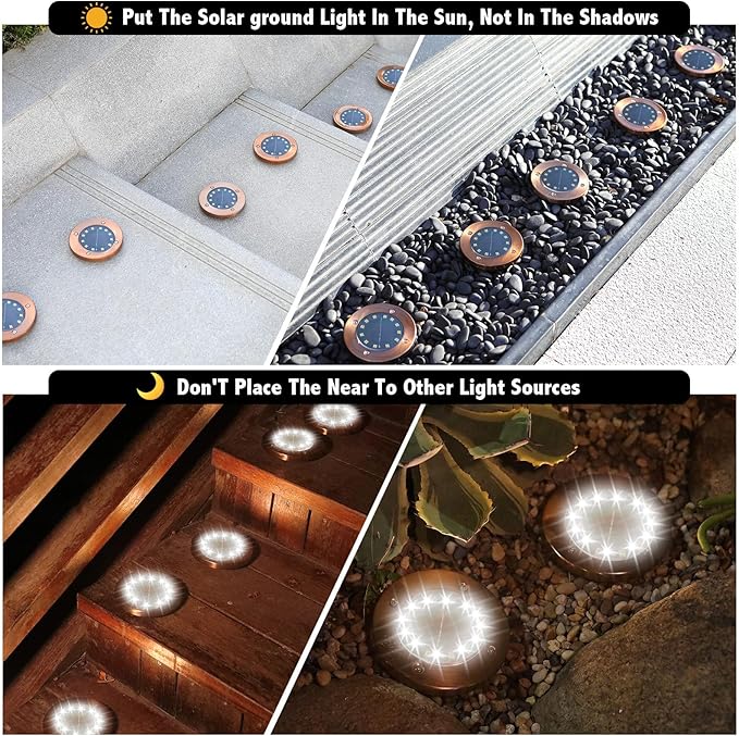 8-Pack Solar Ground Disk Lights, White Waterproof LED