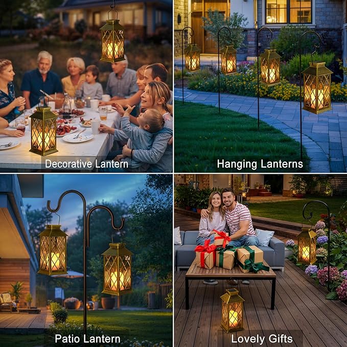 2Pack 10" Outdoor Solar Lanterns Waterproof Garden Patio Lantern Lights Flickering Candle Mission for Outside, Party, Yard, Lawn, Mothers Day Gifts Garden Gifts for Mom Women (Antique Green Bronze)