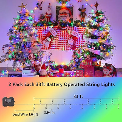 YEGUO Christmas Lights Battery Operated, 2 Pack Each 33ft 100 LED Multicolor String Lights Outdoor Waterproof, 8 Modes Green Wire Fairy Light Indoor with Remote