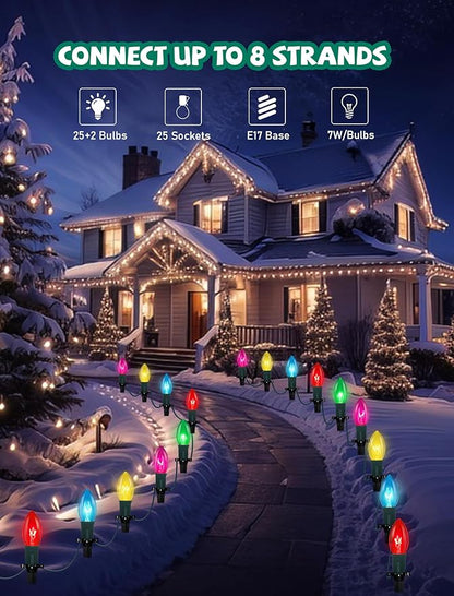 C9 Christmas Pathway Lights Outdoor, 38Ft Outdoor Christmas Decorations with 25 C9 Multicolor Bulbs Marker Stakes Light, Connectable Walkway Lights for Outside Yard Lawn Sidewalk Garden