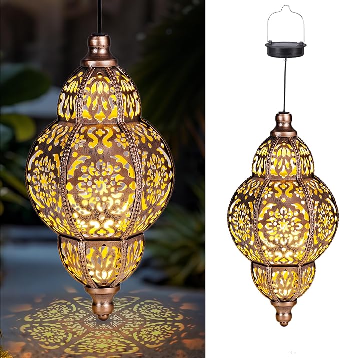 Hanging Solar Lanterns,Outdoor Garden Decor Solar Lantern Metal Moroccan Yard Art Gardening Decorative,Outside Hanging Lights Christmas Decorations for Gazebo Patio Chandelier Garden Gift