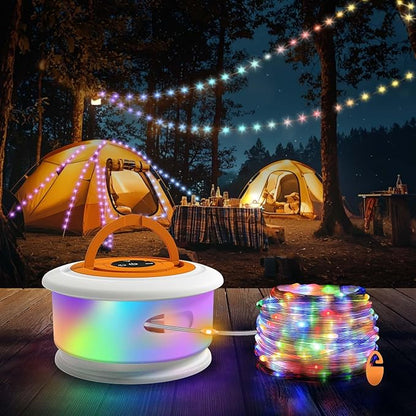 Camping String Lights, 3 in 1 Upgraded Retractable RGB Outdoor String Lights with 19 Lighting Modes,Quick 30s Recovery, 32.8 FT Portable Tent Lights, Rechargeable Camping Lantern (White&Orange)