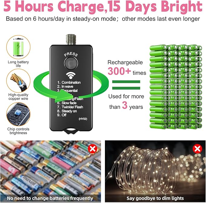 HXWEIYE Rechargeable Fairy Lights with Remote, 2 Pack 33ft 100LED Twinkle Lights with DIY Timer & Light Sensor, Waterproof Outdoor String Lights for Bedroom Patio Christmas Tree Decor, Pink