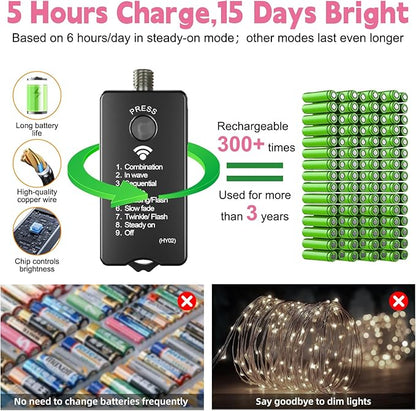 HXWEIYE Rechargeable Fairy Lights with Remote, 2 Pack 33ft 100LED Twinkle Lights with DIY Timer & Light Sensor, Waterproof Outdoor String Lights for Bedroom Patio Christmas Tree Decor, Pink