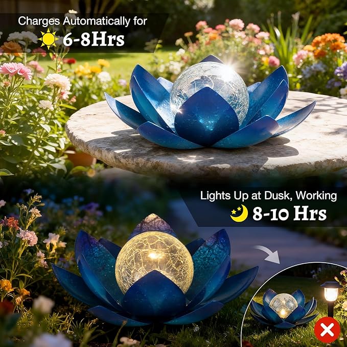 Huaxu Solar Lights Outdoor Garden Decoration Crackle Globe Glass Waterproof LED Metal Blue Lotus Flowers Gift for Mom,Women,Patio,Lawn,Walkway,Tabletop,Ground