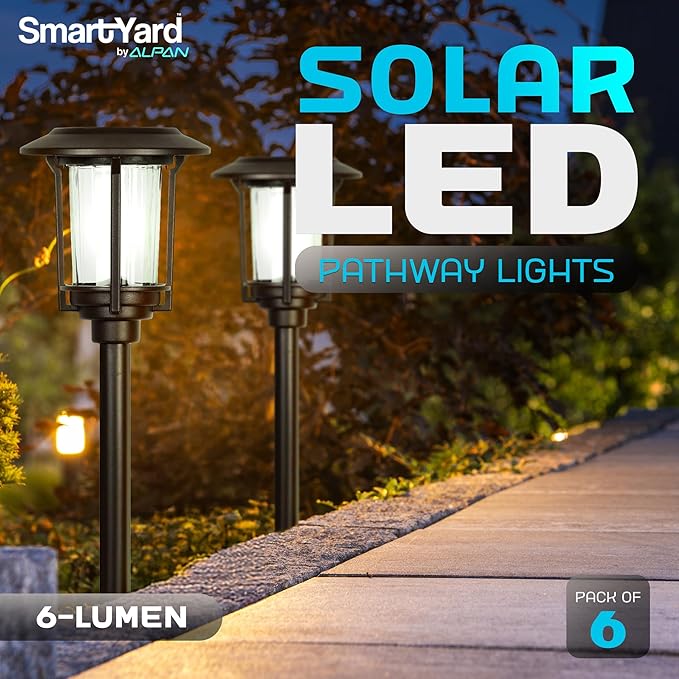 Solar Pathway Lights – Pack of 6, 6 Lumens, Warm White LED, Bronze Finish, Durable Die-Cast Aluminum & Stainless Steel with Glass Lens, Outdoor Garden Lighting, LED Solar Pathway Lights