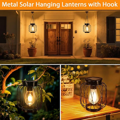 Solar Lanterns Outdoor 2 Pack, Metal Solar Hanging Lanterns with Hook - Outdoor Hanging Lantern Lights Waterproof, Bright Warm Lantern Decor for Outside Garden Yard Patio Pathway