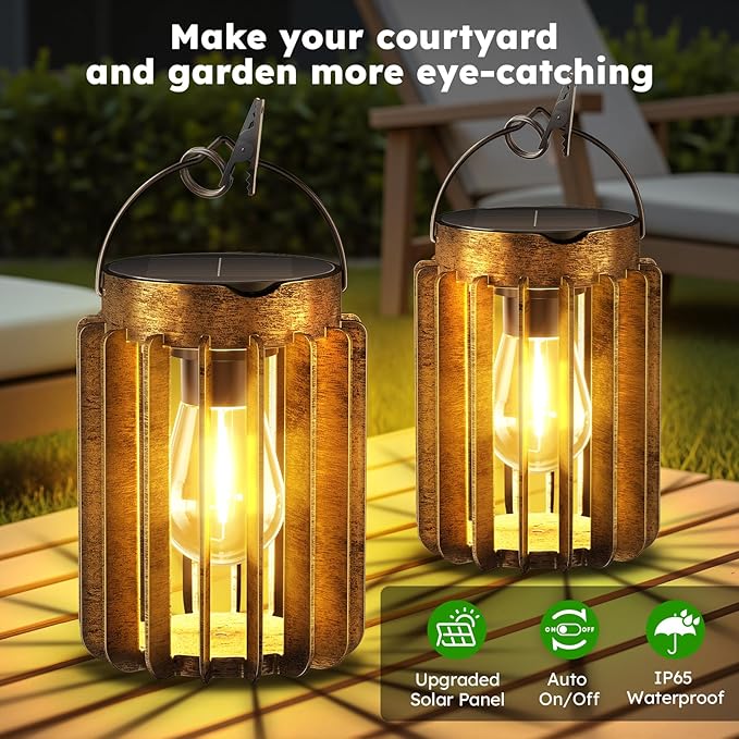 Solar Lanterns Outdoor Waterproof, Brighter Up to 12 Hrs Outdoor Hanging Solar Lights, Outside Hanging Lanterns for Garden Porch Patio Yard Decor, Gifts for Women Mom Father 2 Pack