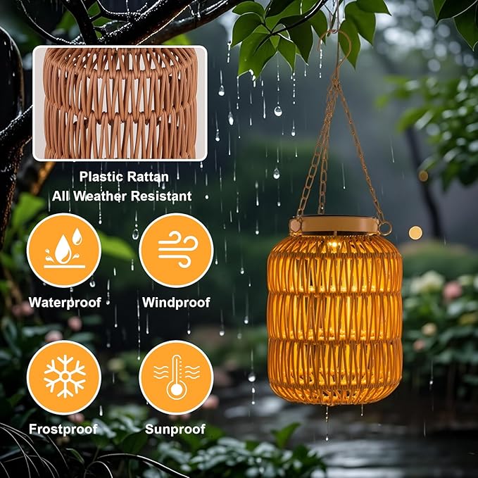 Solar Outdoor Lanterns Waterproof, Hanging Rattan Lantern Lights for Outside, Solar lamp Outdoor Chandelier Idea for Gazebo Pergola Porch Patio Pathway Decor (2)