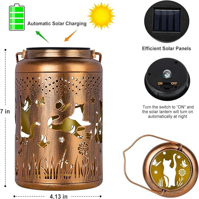 2 Packs Cat Gifts Solar Lanterns Outdoor Waterproof, Birthday Gifts for Women, Mom, Metal Hanging Solar Lights Outdoor for Patio Porch Yard Backyard Garden Decor