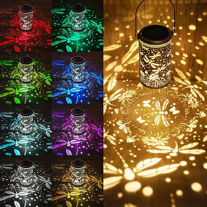 Fabuday Dragonfly Lotus Outdoor Solar Lantern Waterproof - Hanging Solar Power 8 Color Light Led for Outside, Garden Decor for Patio, Porch, Balcony, Yard and Deck, Gardening Gifts for Women Mom