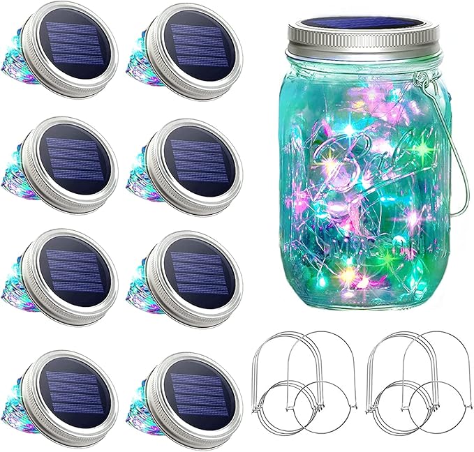 SunKite Solar Mason Jar Lights, 8 Pack 15 LED Waterproof Fairy Firefly Jar Lids String Lights with Hangers(NO Jars), Patio Yard Garden Wedding Easter Decoration - Multicolor