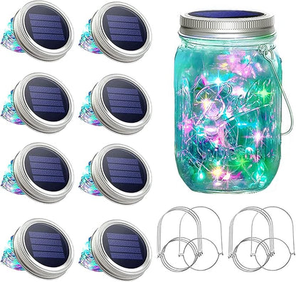 SunKite Solar Mason Jar Lights, 8 Pack 15 LED Waterproof Fairy Firefly Jar Lids String Lights with Hangers(NO Jars), Patio Yard Garden Wedding Easter Decoration - Multicolor