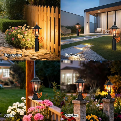 15" Dusk to Dawn Outdoor Post Light, Modern Black Outdoor Lamp Post Light Fixture, Lamp Posts Exterior Lighting Pole Lantern for Outside Porch Garage Street, Waterproof Aluminum & Glass, 1 Pack, E26