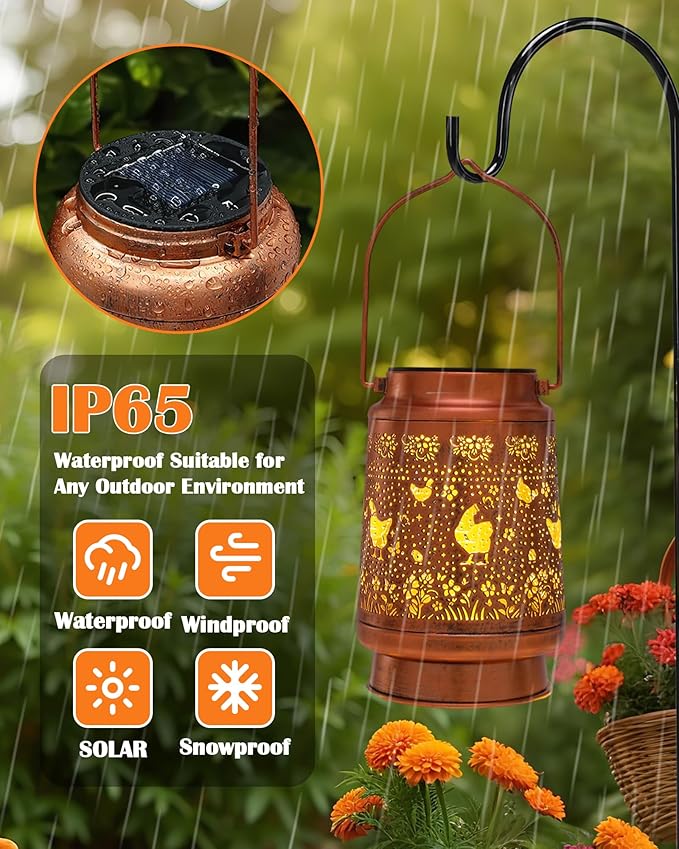 Chicken Gifts for Women - Waterproof Solar Lantern Outside Metal Yard Decor Hanging Lights Decorative Garden Patio Lawn Pathway Lighting Lamp New Year Birthday Gift for Mom Grandma Friends