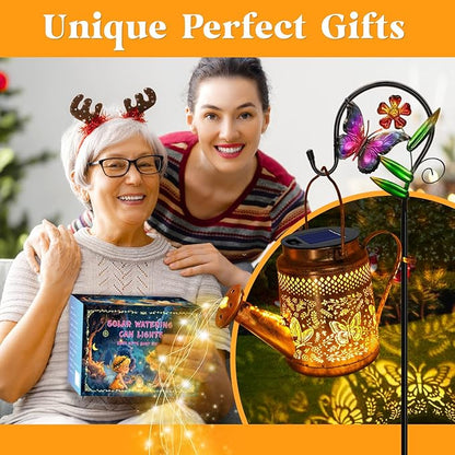 2 Pack Solar Powered Butterfly Watering Can Lights Waterproof Outdoor Decor with Shepherd Hook Hanging Patio Lights for Yard, Garden, Backyard Perfect Gardening Christmas Gift for Women, Mom, Grandma