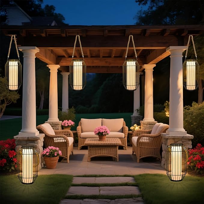 Large Solar Lanterns Outdoor Rechargeable Hanging/Standing Lantern Waterproof Metal Solar Table Lamp with Warm Lights Retro Handle for Patio,Yard,Garden,Proch,Trees, Wedding Decoration