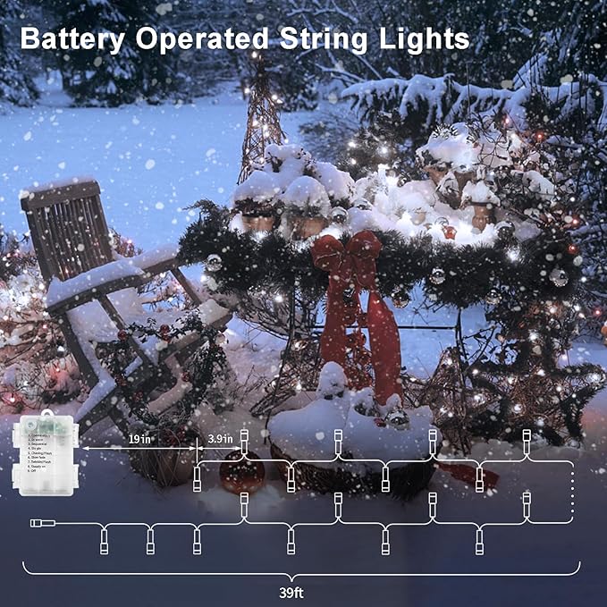 echosari LED String Lights, 100 LED Battery Operated Fairy Lights with Remote Dimmable Timer 8 Modes Christmas Lights for Outdoor Indoor Backyard Room Decoration (Cool White)