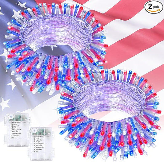 2 Pack Red White and Blue Fairy Lights Battery Operated, 33FT 100LED July 4th Patriotic String Lights with Timer, 8 Modes Waterproof Twinkle Light Indoor Outdoor for Independence Day National Day