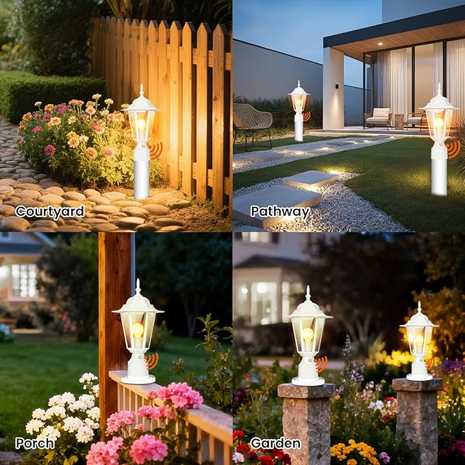 15" Dusk to Dawn Outdoor Post Light, Modern White Outdoor Lamp Post Light Fixture, Lamp Posts Exterior Lighting Pole Lantern for Outside Porch Garage Street, Waterproof Aluminum & Glass, 1 Pack, E26