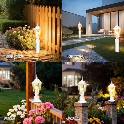 15" Dusk to Dawn Outdoor Post Light, Modern White Outdoor Lamp Post Light Fixture, Lamp Posts Exterior Lighting Pole Lantern for Outside Porch Garage Street, Waterproof Aluminum & Glass, 1 Pack, E26