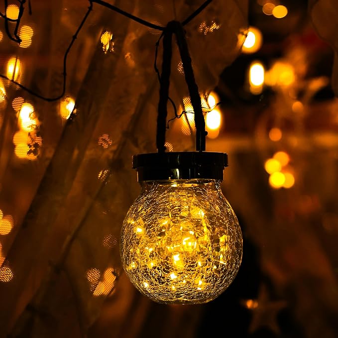 Cooo 6 Pack Gifts for Him Her Solar Lanterns Waterproof Outdoor Heavy Crackle Glass 30 LED Warm Firefly Lights Solar for Women Mom Grandma Outdoor Table Lamps Garden Yard Decor