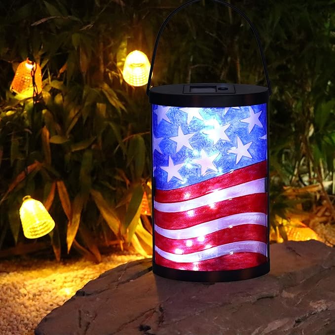 Afirst Solar Lantern Outdoor Hanging Glass Solar American Flag Lights Waterproof Led Lamp for Garden Yard Tree Desk Decor