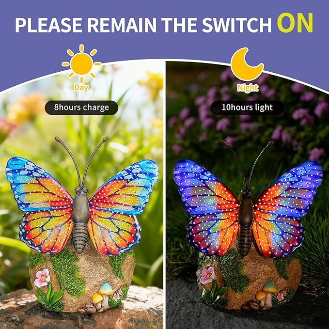 Solar Butterfly Garden Statue Weatherproof Outdoor Hand-Painted Decor Butterfly Resin Figurine Orange
