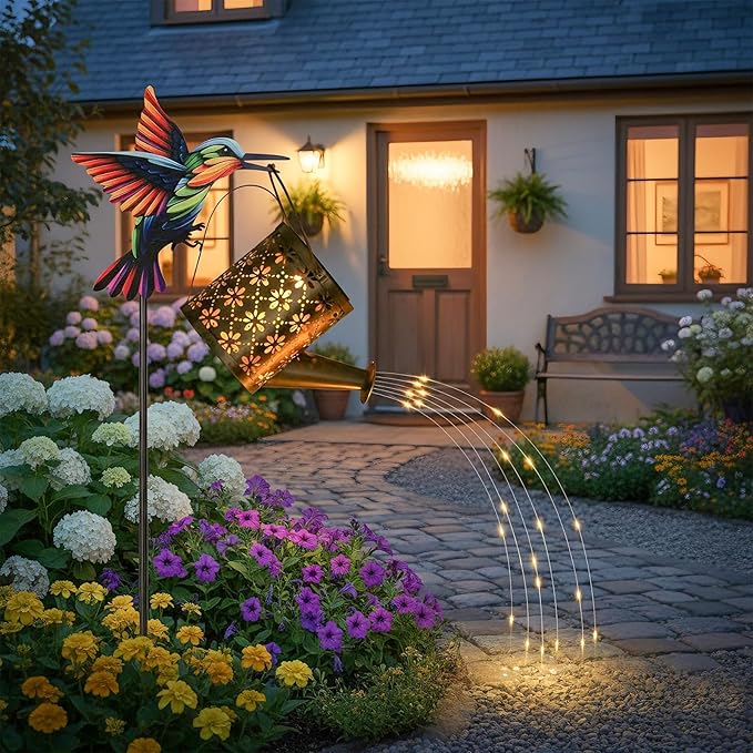 Solar Watering Can with Cascading Lights Outdoor Garden Decor,Solar Hummingbird Lights Shaped Hook Gardening Gifts, Hanging Garden Lights for Patio Yard Lawn Porch Outdoor Decoration