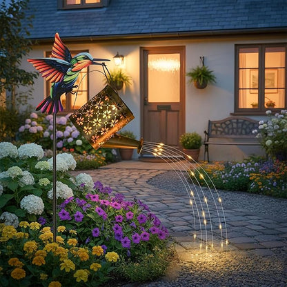 Solar Watering Can with Cascading Lights Outdoor Garden Decor,Solar Hummingbird Lights Shaped Hook Gardening Gifts, Hanging Garden Lights for Patio Yard Lawn Porch Outdoor Decoration