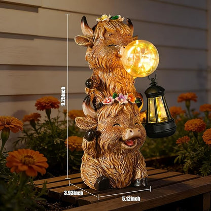 Solar Highland Cow Garden Statue with LED Lights, Cute Resin Outdoor Decor with Glowing Lantern & Light-Up Bubble, Waterproof Solar Yard Ornament for Lawn, Patio & Garden (Brown Cow)