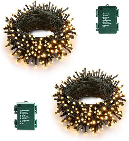 Battery Operated Christmas Lights - 2 Pack Total 33ft 100 LED Battery String Lights 8 Modes Waterproof with Timer for Home, Garden, Party, Holiday, Christmas Tree Decoration (Green Wire, Warm White)