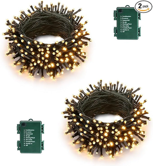 Battery Operated Christmas Lights - 2 Pack Total 33ft 100 LED Battery String Lights 8 Modes Waterproof with Timer for Home, Garden, Party, Holiday, Christmas Tree Decoration (Green Wire, Warm White)