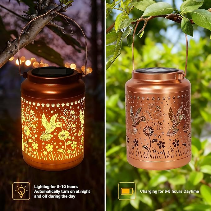 Hummingbird Solar Lanterns Outdoor Garden Decor Solar Lights Waterproof Hummingbird Decorative Hanging Metal Lights Gardening Gifts for Women Mom Grandma Outside Yard, Patio, Backyard, Farm